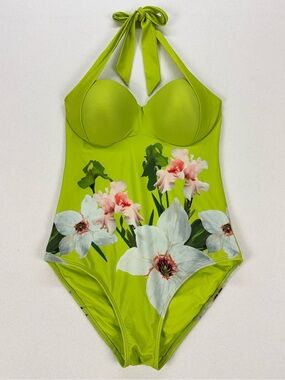 Ted Baker Tuela Chatsworth Bloom Halter Swimsuit Lime Green Floral One Piece
